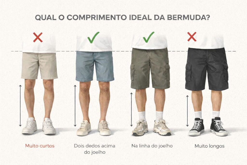 Infográfico horizontal mostrando diferentes comprimentos de bermuda masculina, com exemplos muito curtos, dois dedos acima do joelho, na linha do joelho e muito longos, acompanhados de tênis e meias, marcados com ✔ verdes e X vermelhos para indicar o caimento ideal.
